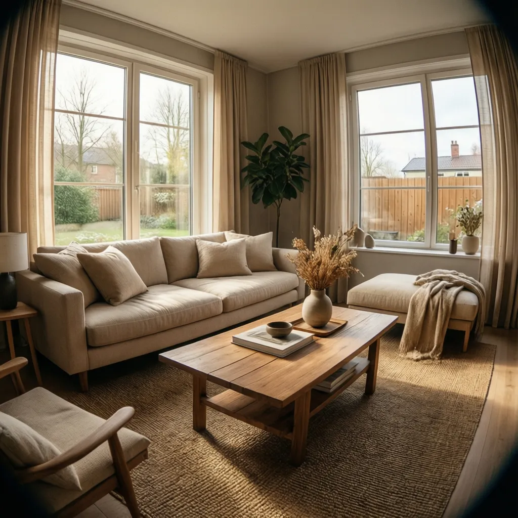 Modern living room featuring beige sofa wooden coffee table large windows curtains rug and green plant