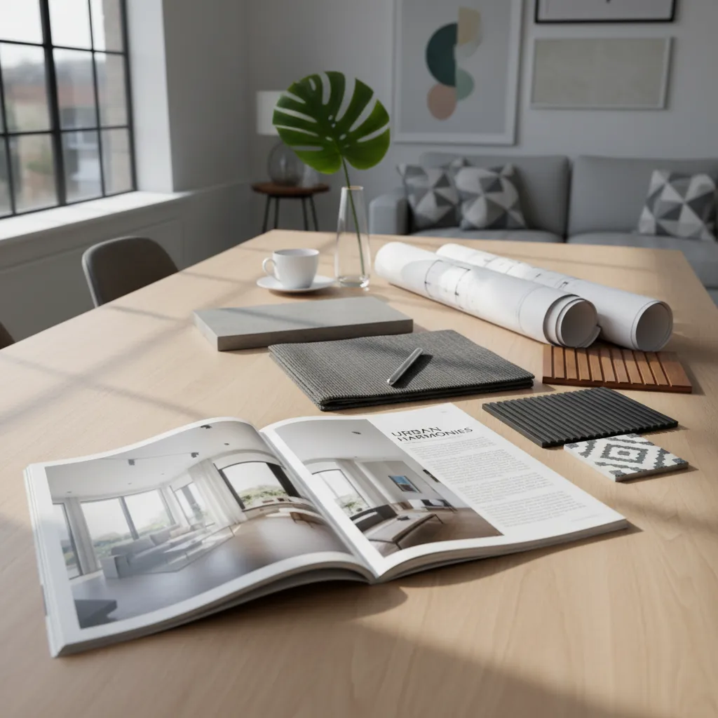 Open interior design magazine on wooden table with rolled floor plans fabric samples and small cup