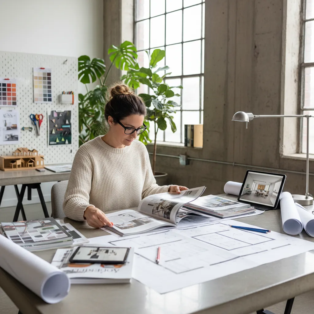 Arquitecto revisando revistas de diseño de oficinas en un estudio