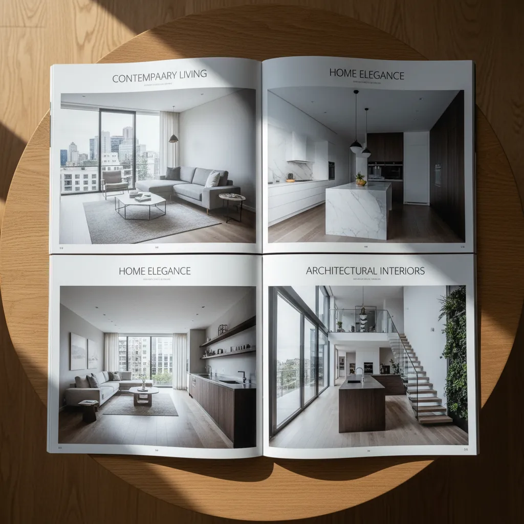 Revistas de interiorismo abiertas mostrando diferentes estilos de diseño