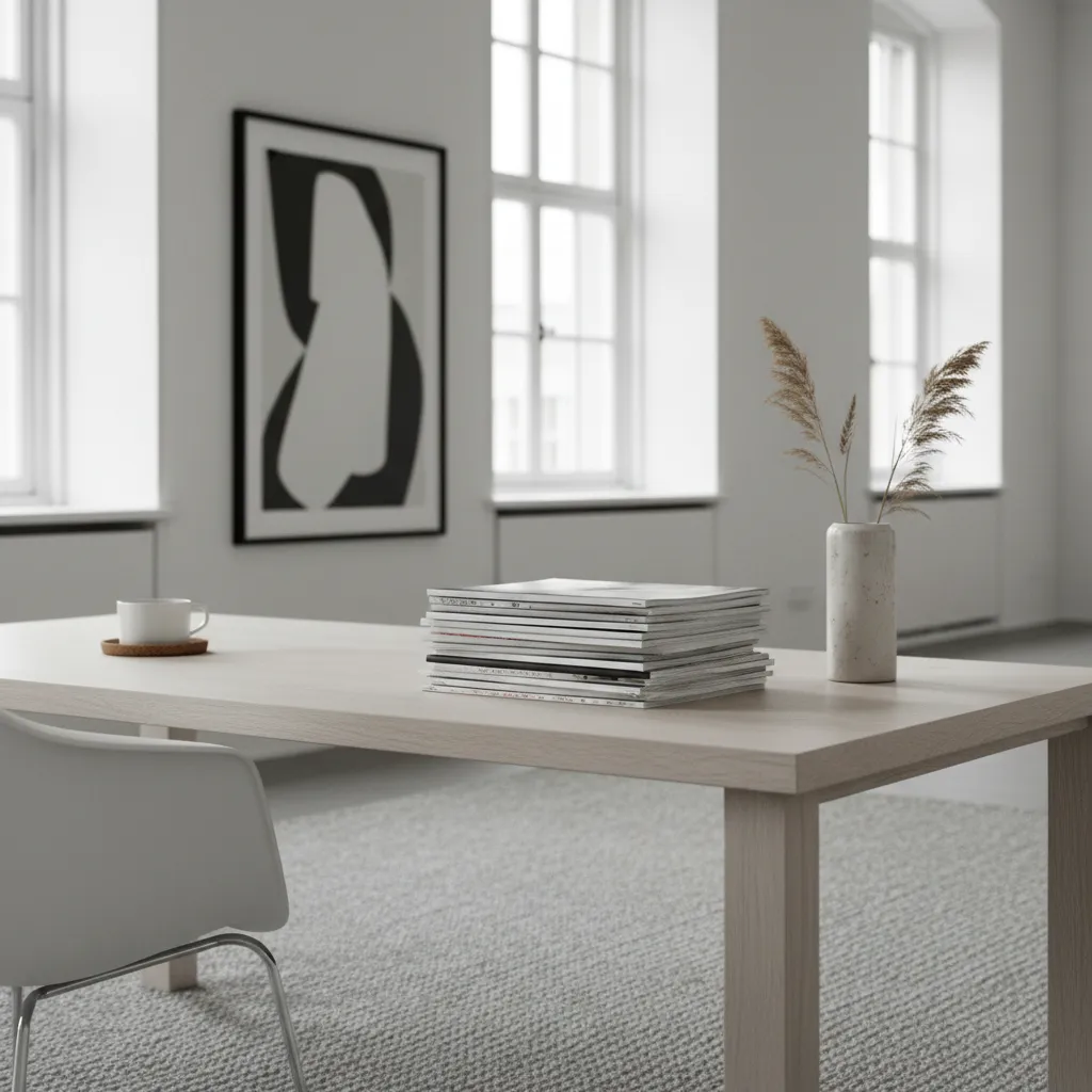 Colección de revistas de diseño de interiores sobre una mesa de estudio