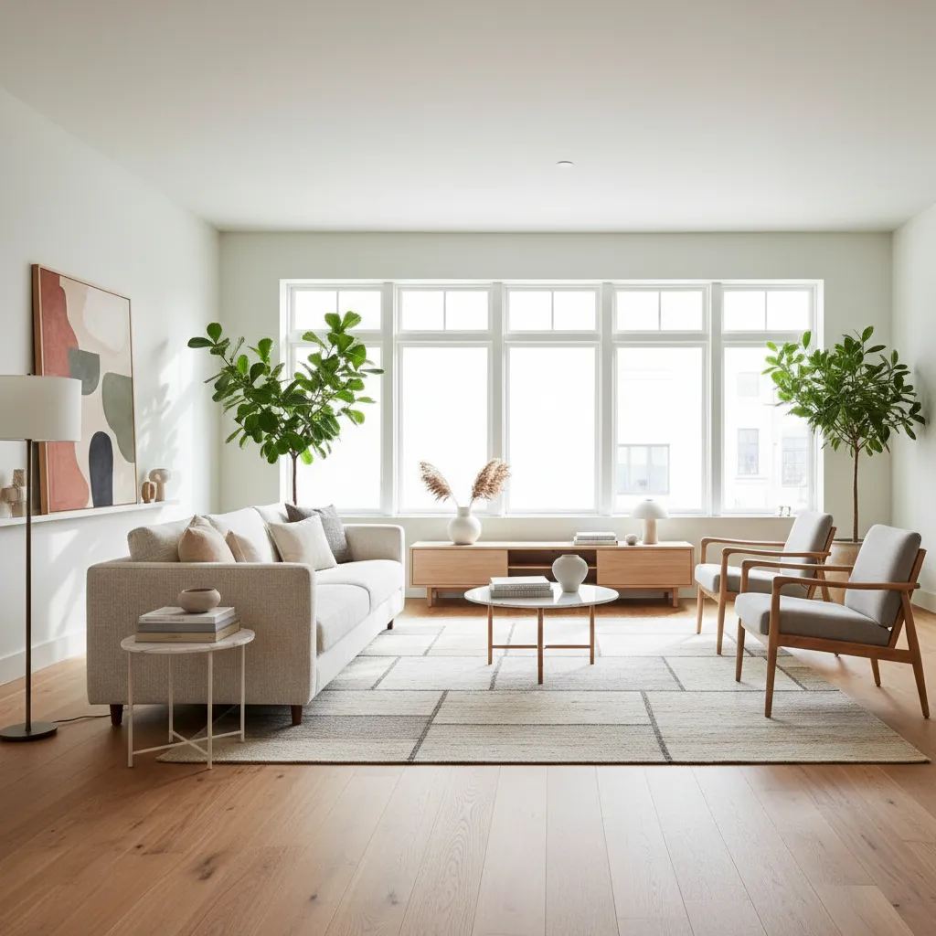 Salón moderno inspirado en revistas de interiorismo con sofá neutro y decoración minimalista