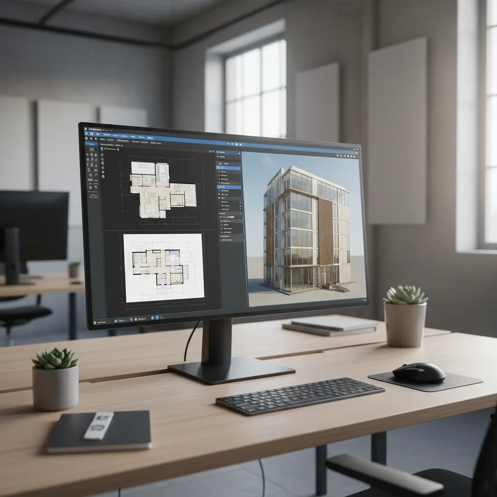 BIM architectural software displaying coordinated floor plan and 3D building model