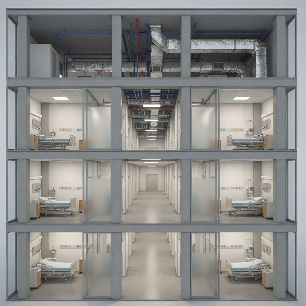BIM model of hospital floor plan with medical rooms and structural systems
