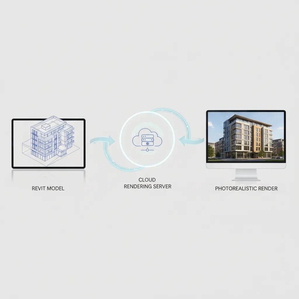 Workflow diagram showing Revit model exported to cloud rendering engine
