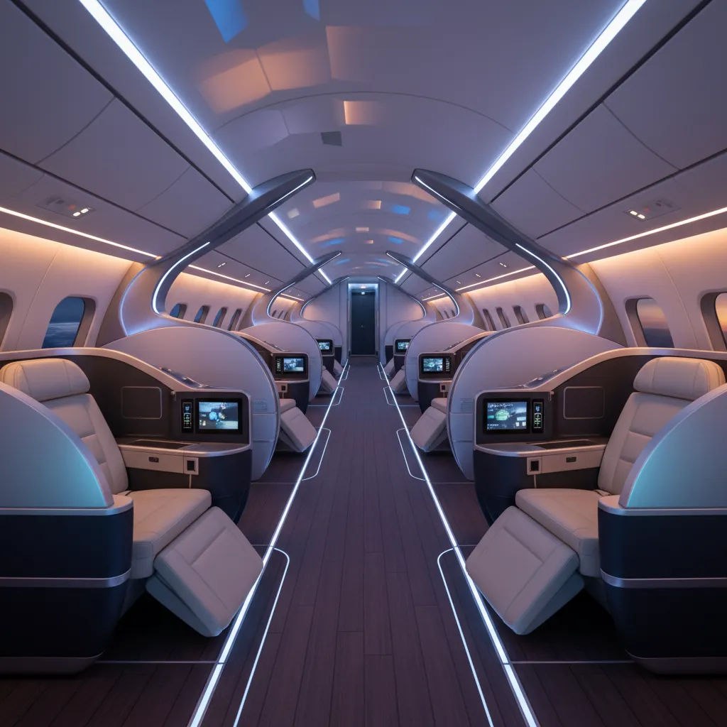 Modern airplane cabin interior design drawing with white seats blue lights and glowing floor strips