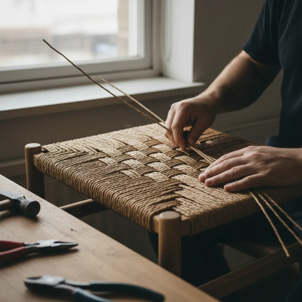 Hands weaving new wicker strands into chair seat pattern