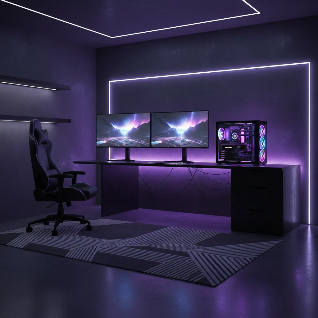RGB gaming computer room with LED lighting and multiple monitors