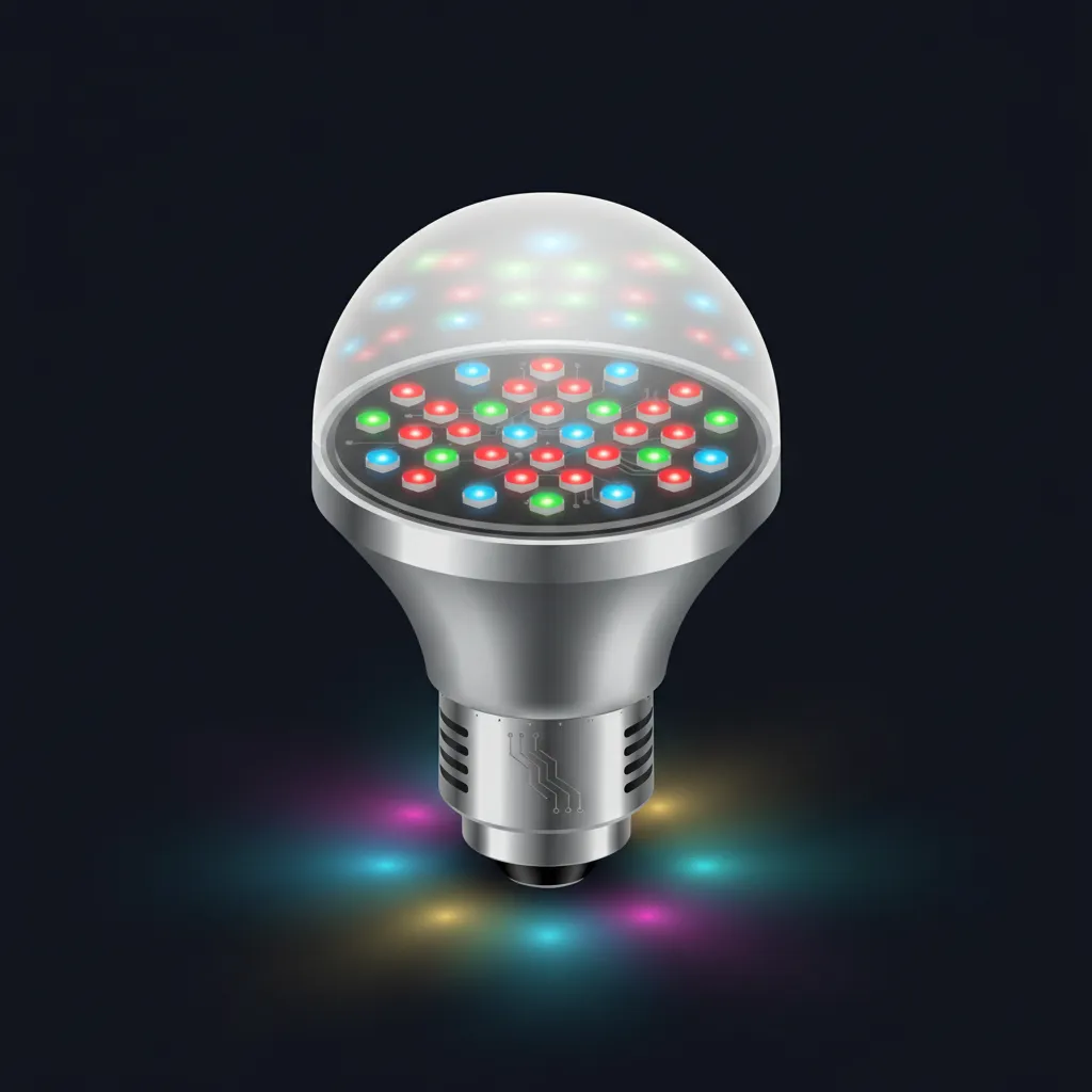RGB LED bulb illustrating red green blue color mixing