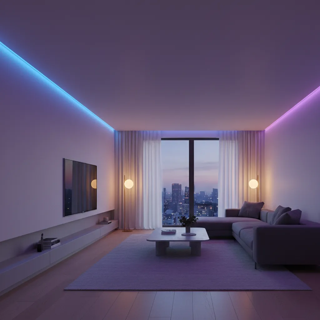 RGB LED strip lighting installed along ceiling in modern room