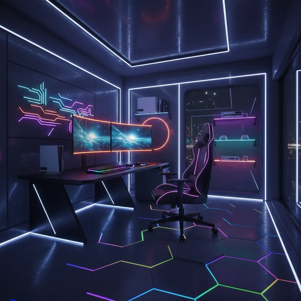 Habitación moderna con iluminación RGB y decoración tecnológica