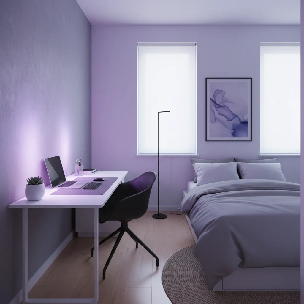 RGB wall wash lighting behind desk expanding visual wall depth