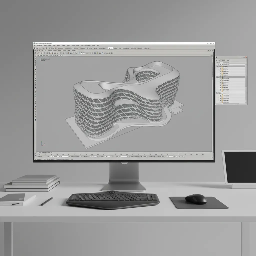 Rhinoceros 3D interface showing architectural building model with curved surfaces
