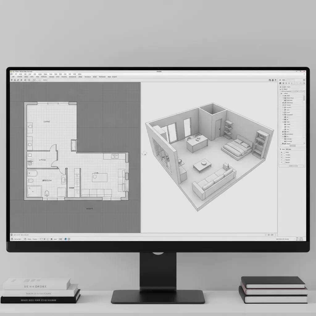 Computer screen showing a flat floor plan and a matching three dimensional interior room layout