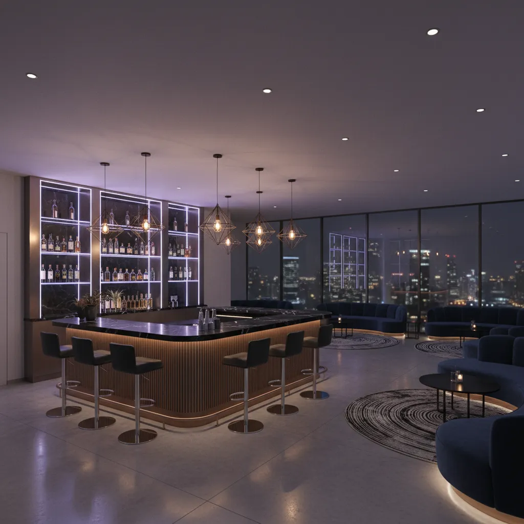 Modern nightlife bar interior with lounge seating and neon lighting atmosphere