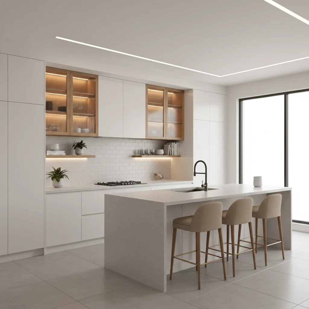 White kitchen cabinets with ribbed glass doors and soft interior lighting