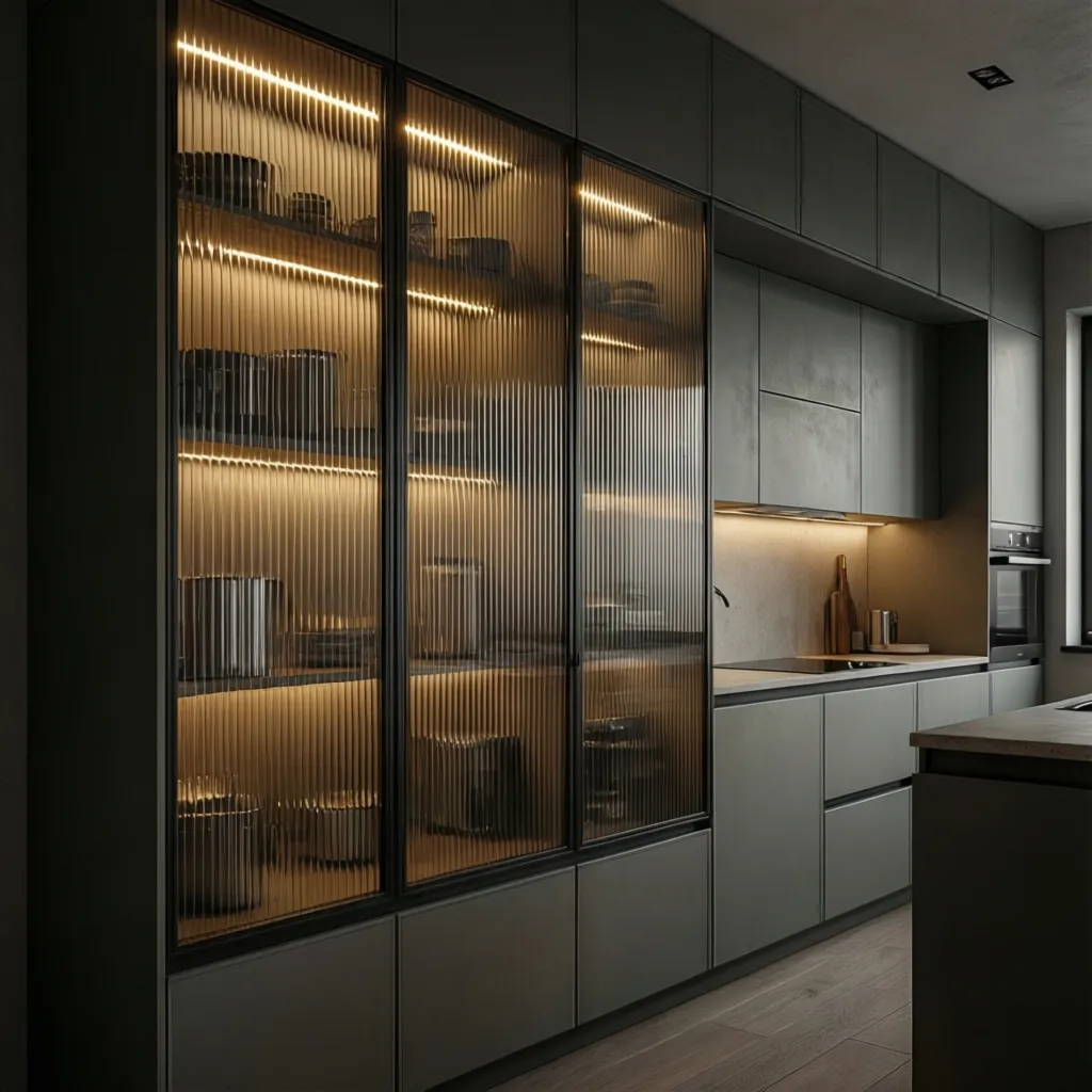 Ribbed glass kitchen cabinet doors with warm lighting