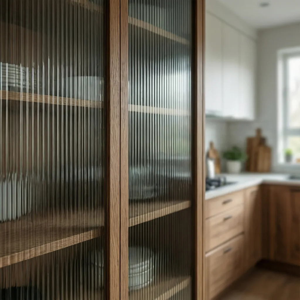 Close view of ribbed glass kitchen cabinet doors with wood frames