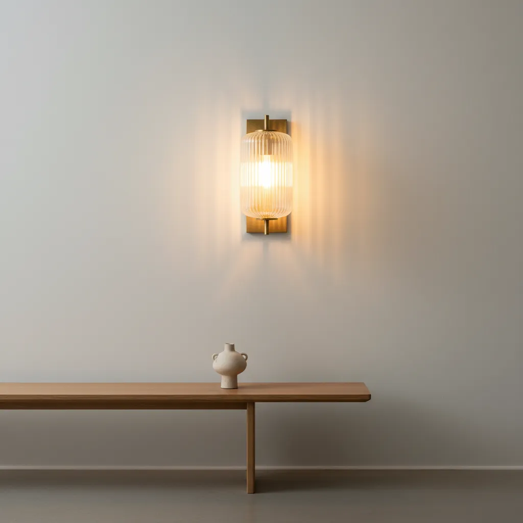 close view of ribbed glass wall lamp casting soft textured light on wall