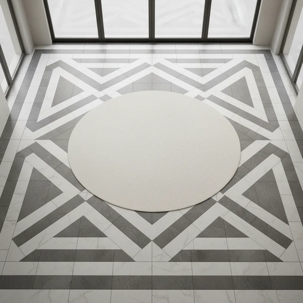 Ribbon tile floor layout preview showing repeating decorative pattern across a room