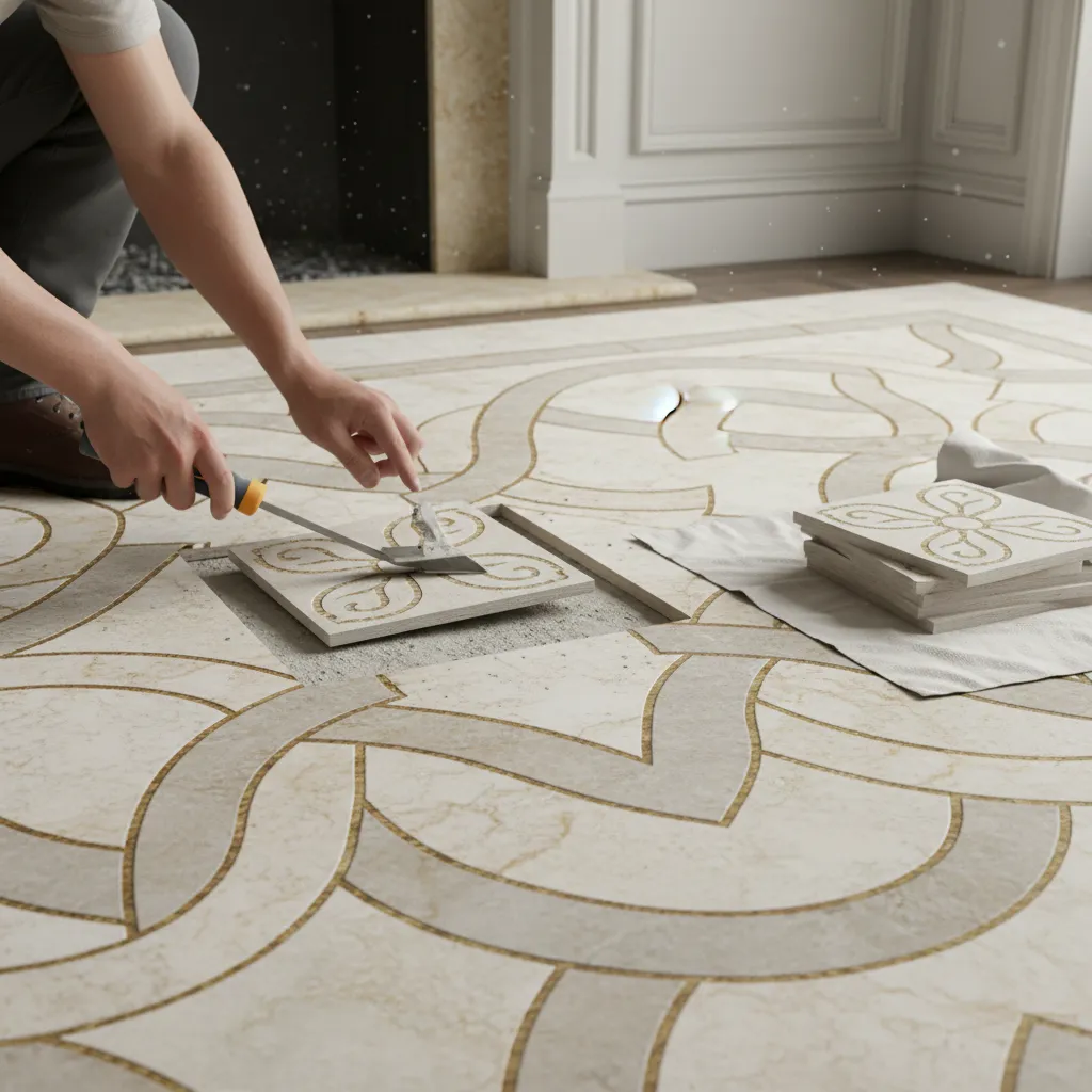 Replacing damaged tile section within decorative ribbon tile floor pattern