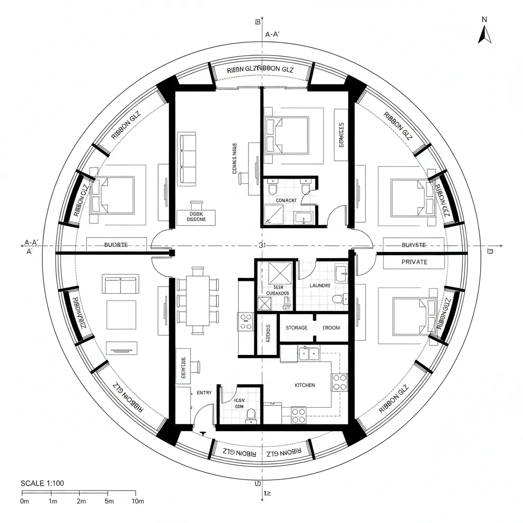 Circular floor plan design including four bedrooms living room kitchen dining table and many windows