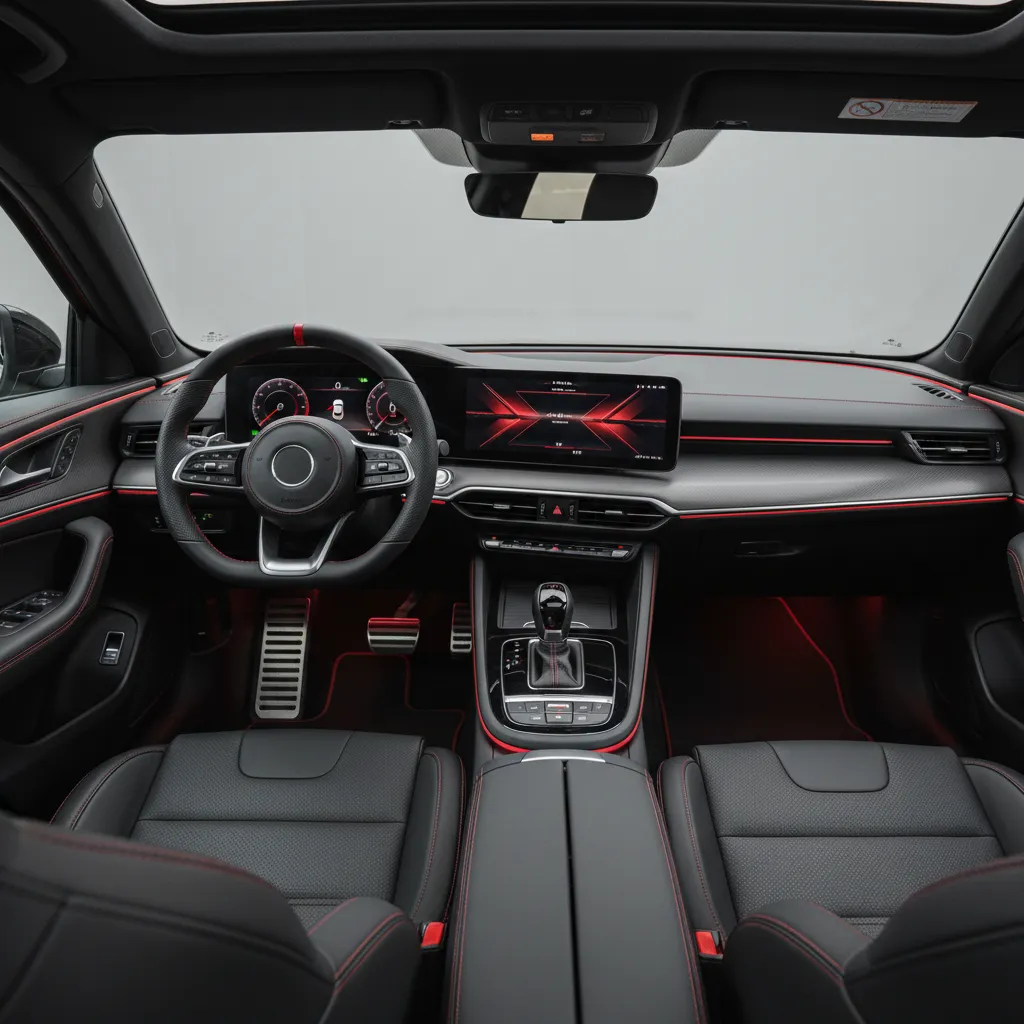 Interior de coche negro con líneas de ribete rojo resaltando el diseño