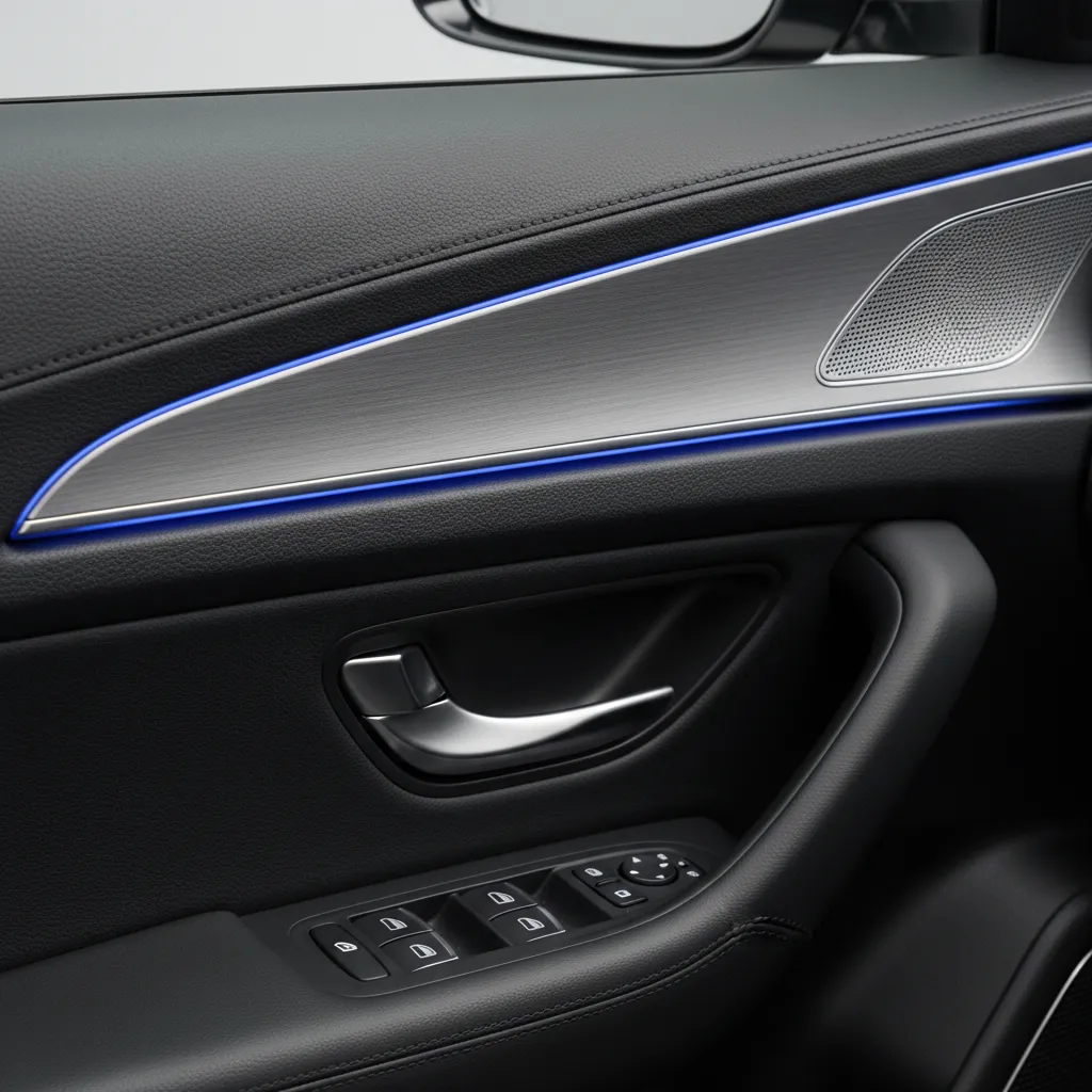 Panel de puerta de coche con ribete decorativo azul en la junta