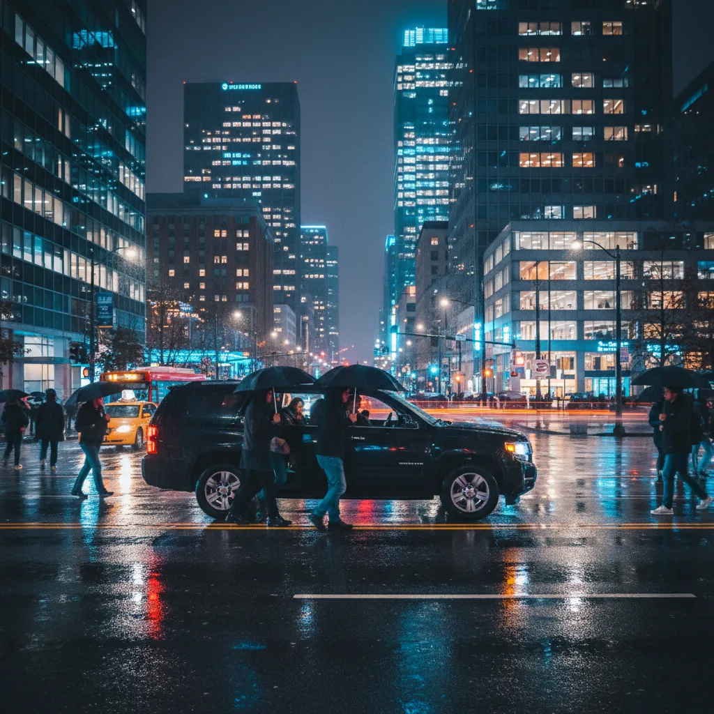Ride share pickup outside a Seattle nightlife street at night