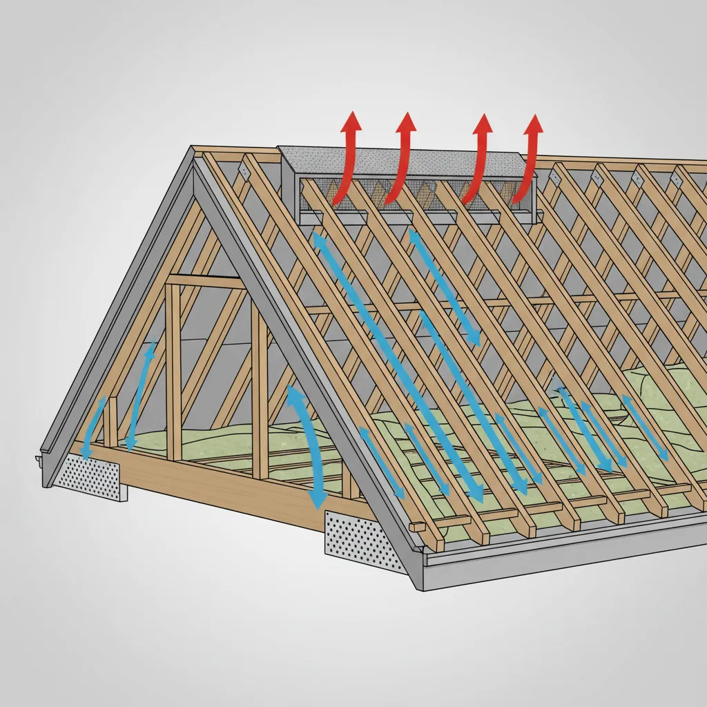 roof cross section showing airflow through ridge vent and soffit vents