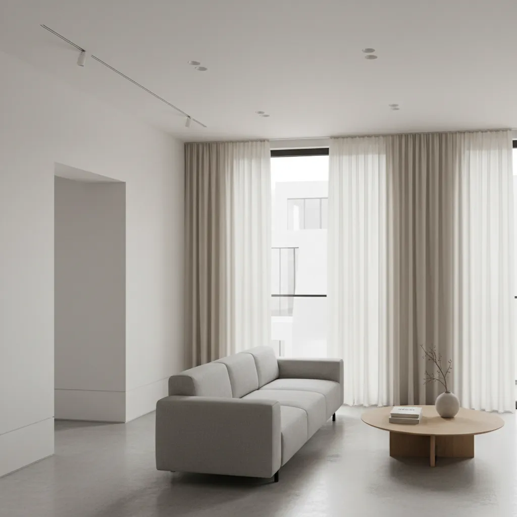 Sistema de riel oculto para cortinas en un interior minimalista