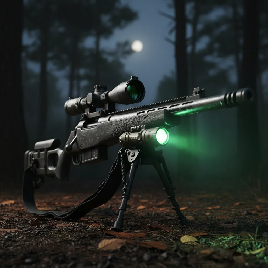 Close-up of a rifle with a mounted green LED hunting light