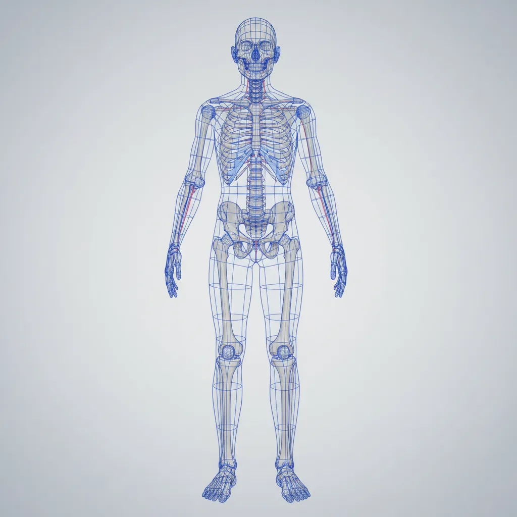 3D character wireframe with skeleton rig structure