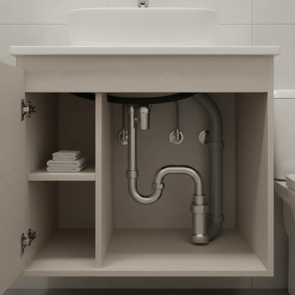 Right offset sink vanity with misaligned P-trap and wall drain pipe