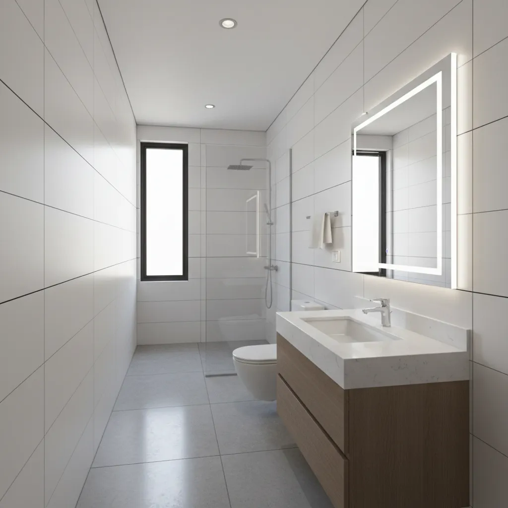 Narrow bathroom layout with right offset vanity improving walkway space