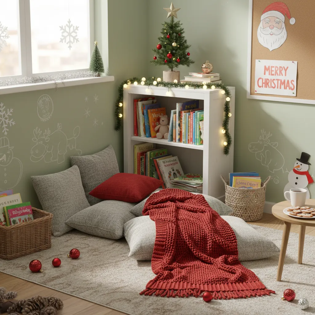 Rincón de lectura navideño con cojines, manta roja y decoración de invierno en un aula