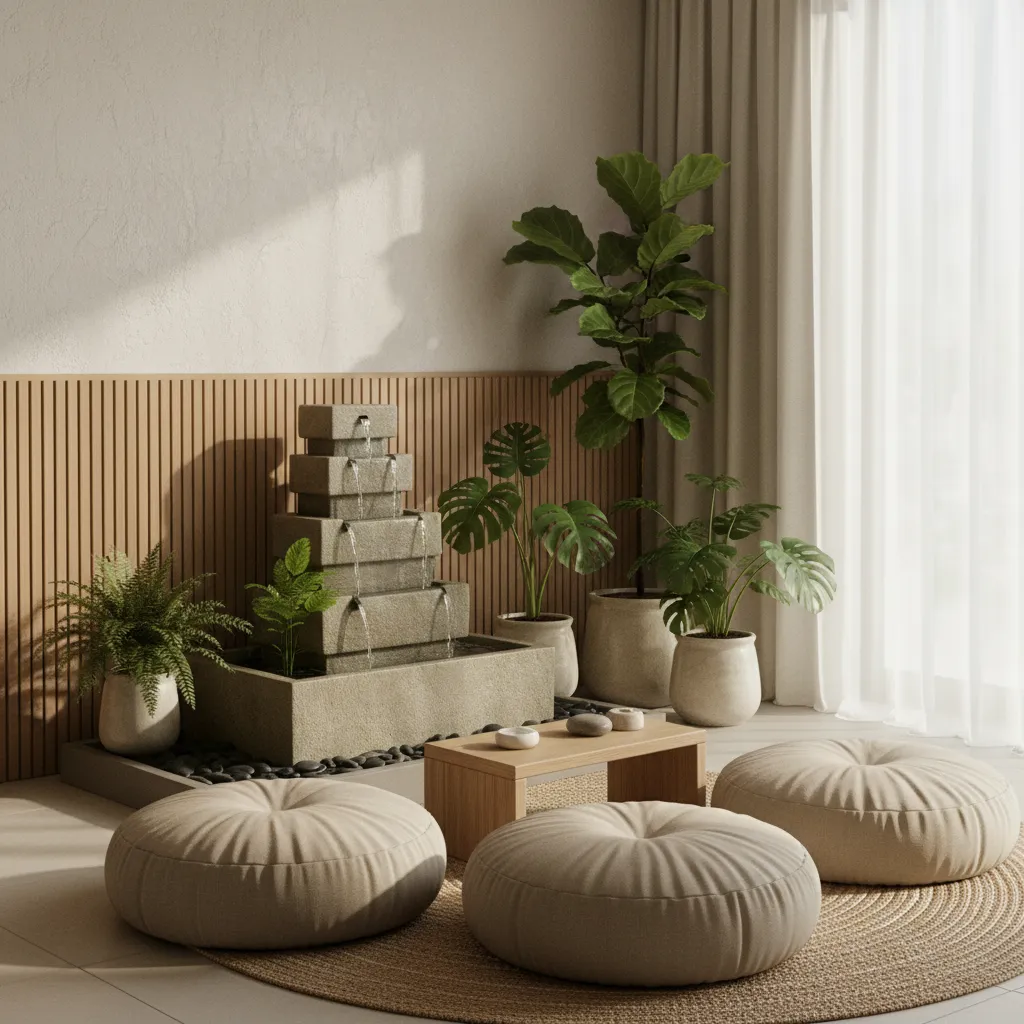 Stone tiered water fountain against wood wall panel with floor cushions and green indoor plants