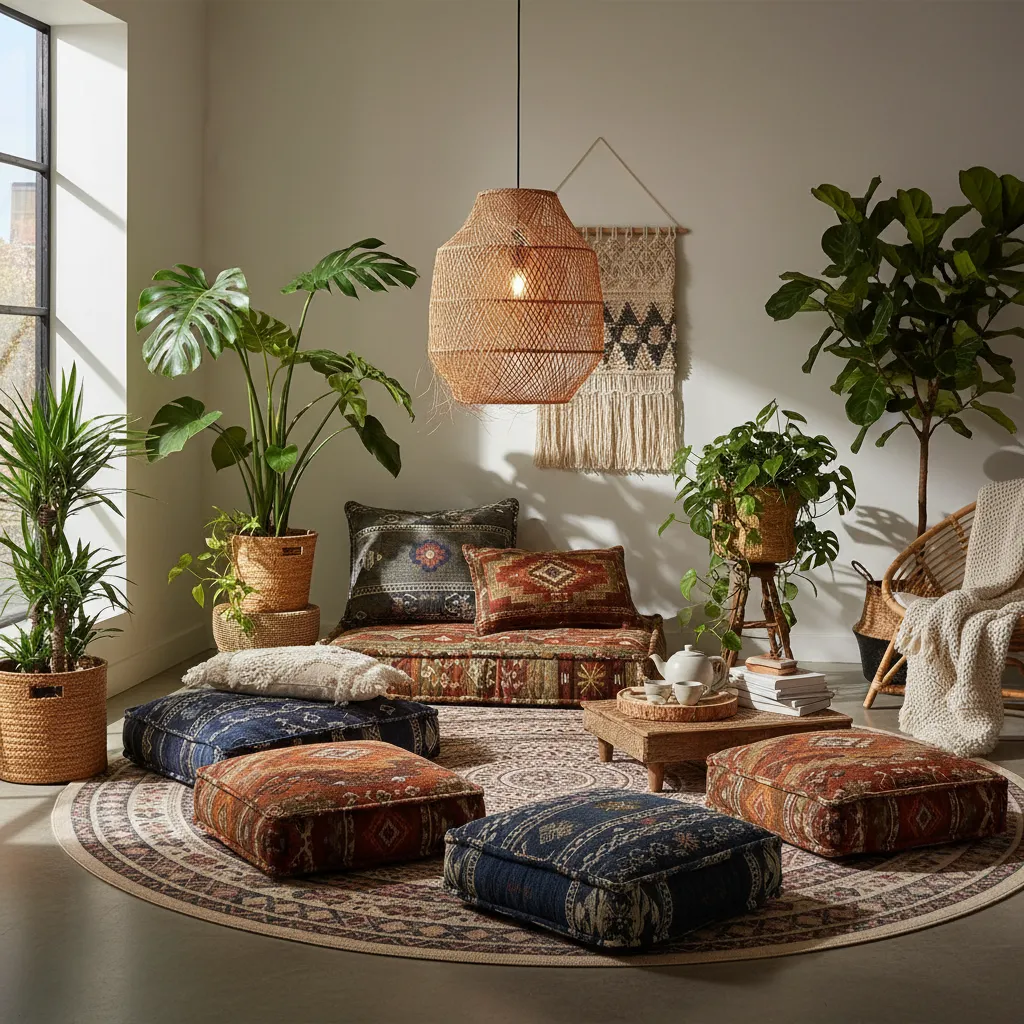 Rincón de descanso estilo bohemio con alfombra, cojines y lámpara de fibras naturales