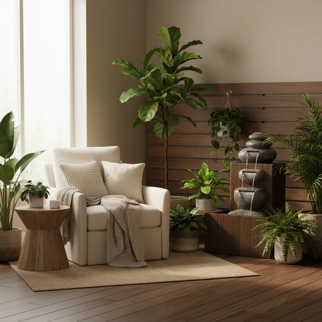 Rincón de relajación con fuente de agua interior y plantas