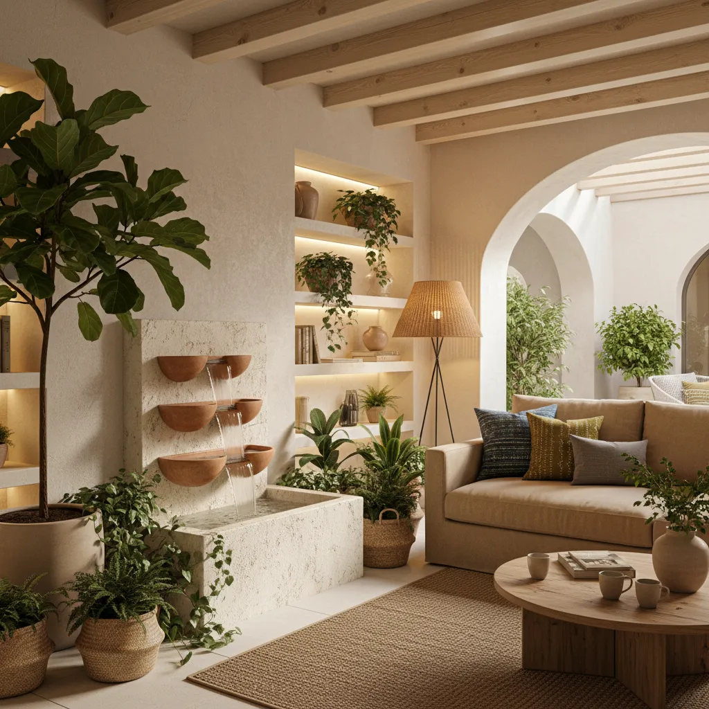 Rincón de relajación con fuente interior y plantas