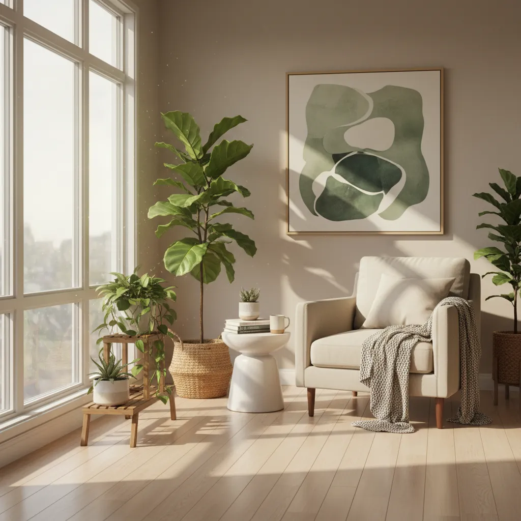 Rincón interior con varias plantas decorativas y luz natural