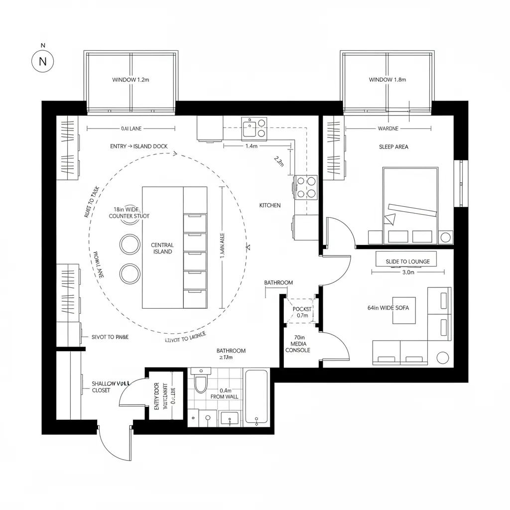 Interior design drawing showing a small apartment floor plan with kitchen island and one bedroom
