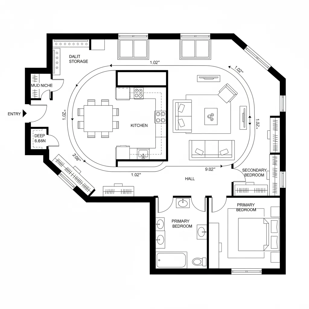 Modern apartment floor plan with unique curved hallway connecting open kitchen living area and two bedrooms