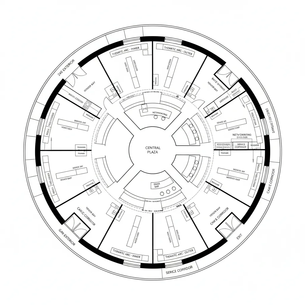 Top-down CAD floor plan of a looped ring pavilion with radial islands and cache corridors.