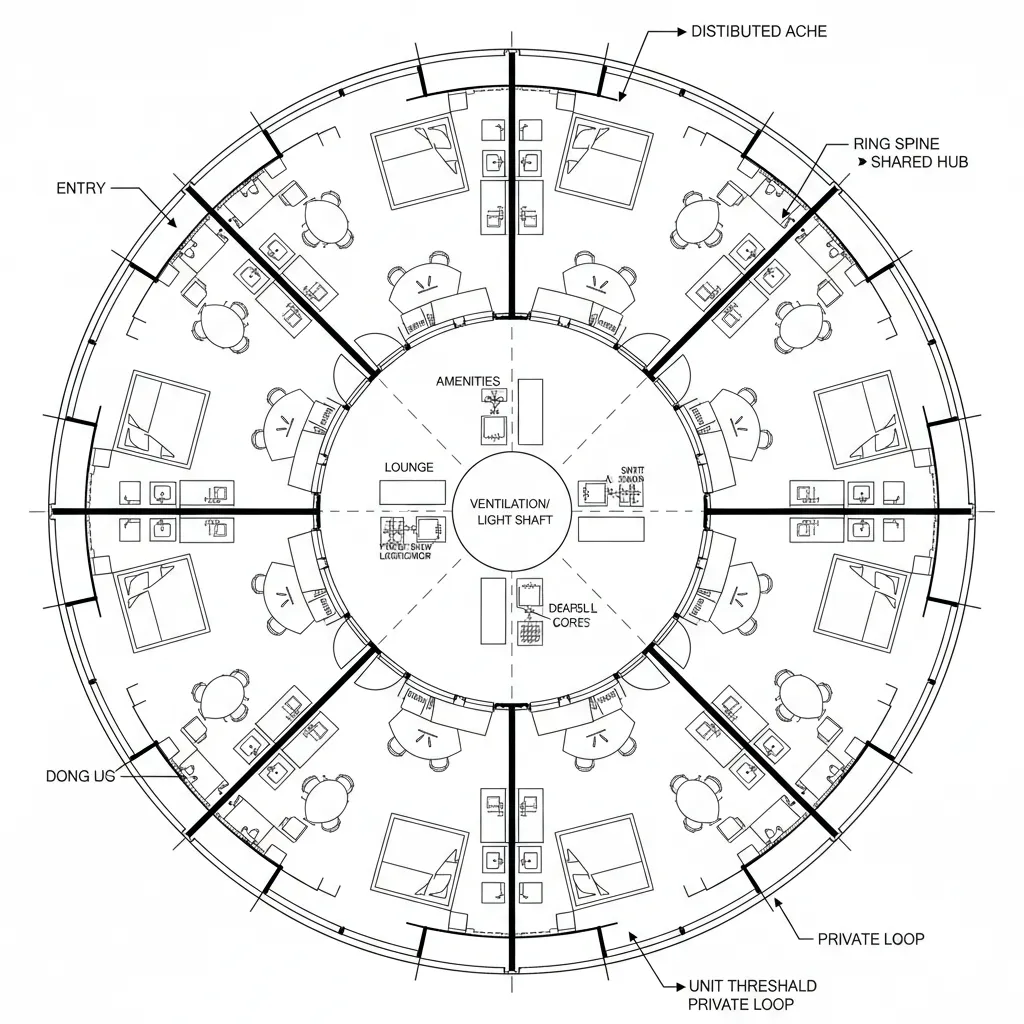 Top-down CAD plan of ring corridor housing with central hub and curved unit layouts