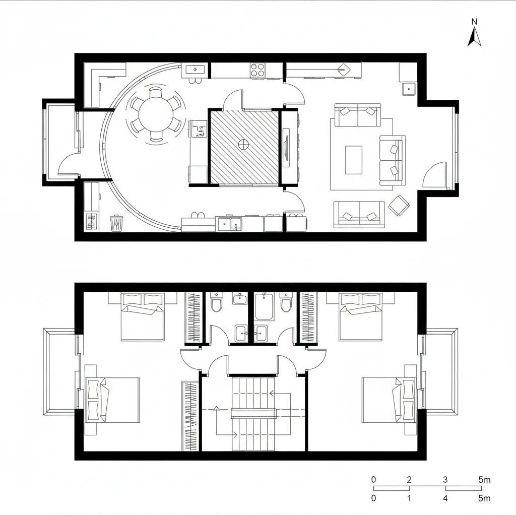 Top-down CAD plan with perimeter loop circulation and central courtyard pivot