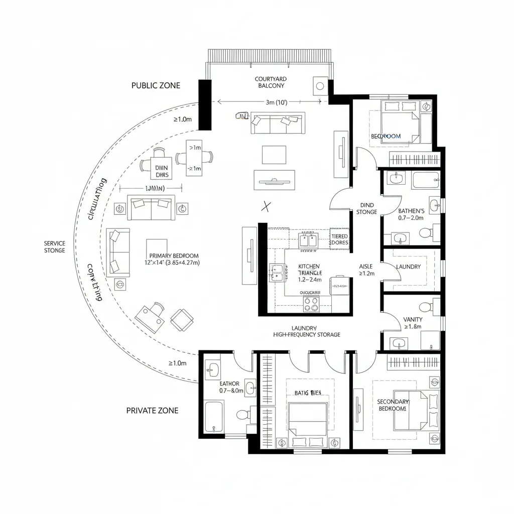 Top-down ring-loop circulation plan centered on a living room with courtyard balcony