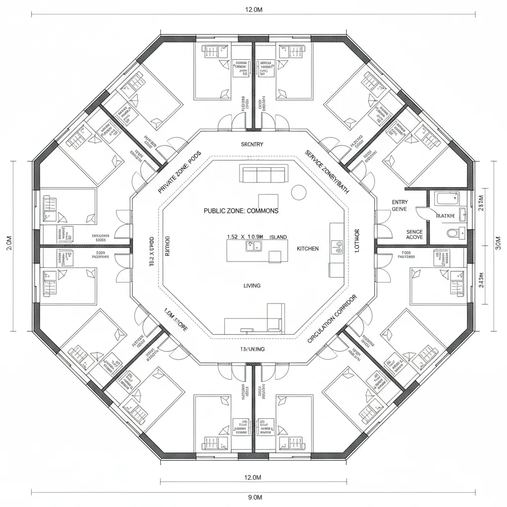 Top-down CAD plan of pods forming a ring around a central commons with kitchen island
