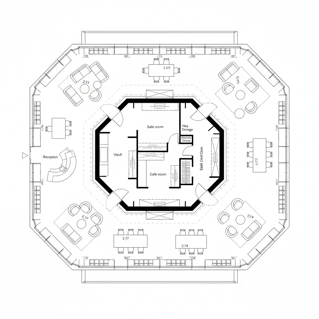 Top-down CAD plan with central secure kernel and open advisory ring
