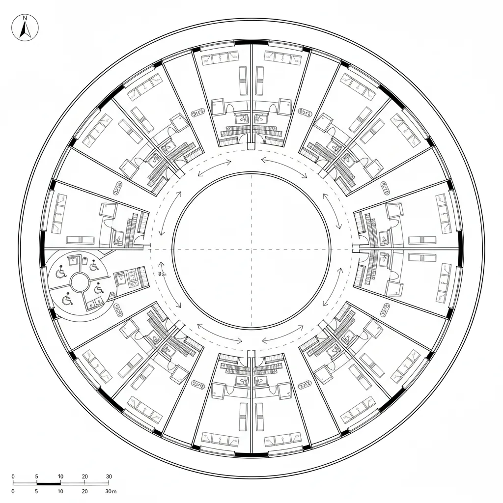 Top-down CAD plan showing a continuous ring corridor with radiant cross-passages and back-of-house ring